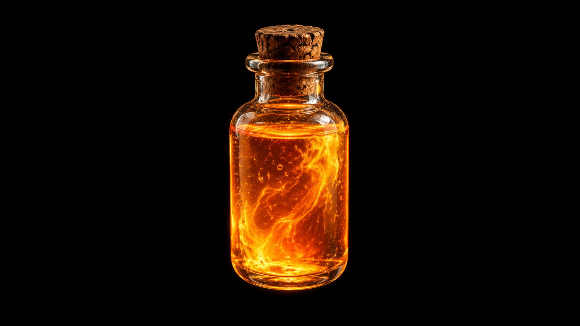 Un vial antiguo con un líquido luminoso naranja flotando en la oscuridad