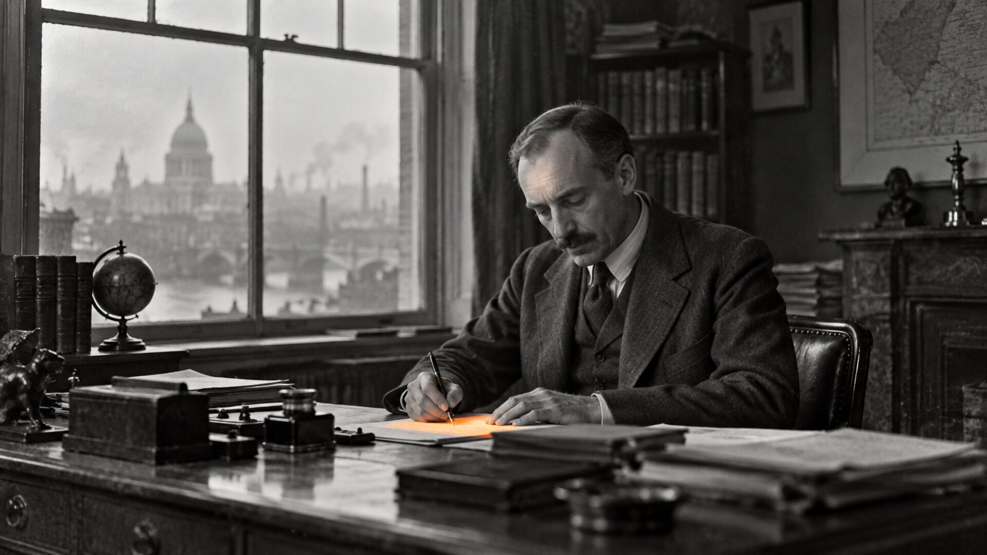 Fotografía estilo 1930 de un economista escribiendo en su escritorio frente a una ventana de Londres
