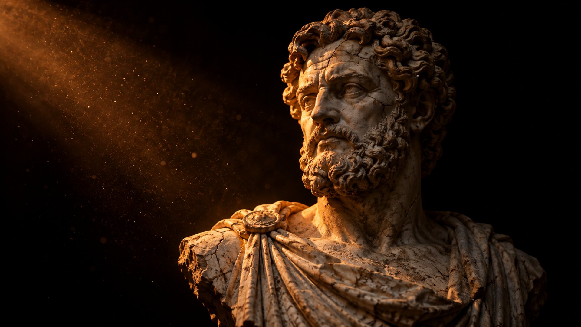 Busto de mármol de un filósofo romano iluminado de lado en naranja